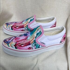 Vans Customs Slip-On Pink Trim and Multicolor Swirl US Women’s 5.0 Men 3.5